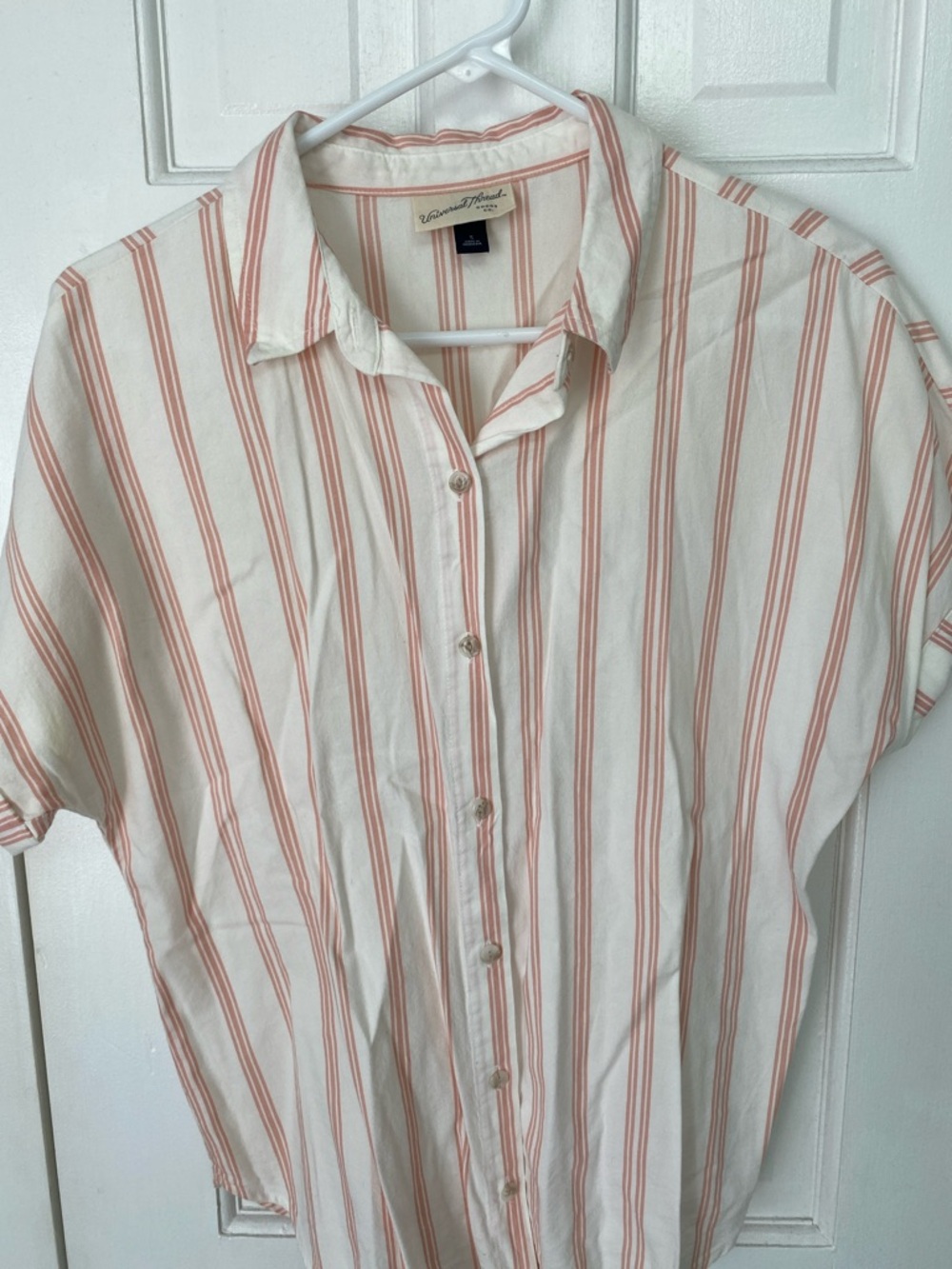 Crepe Button-Front Short Sleeve Shirt - Cream with Coral Stripes